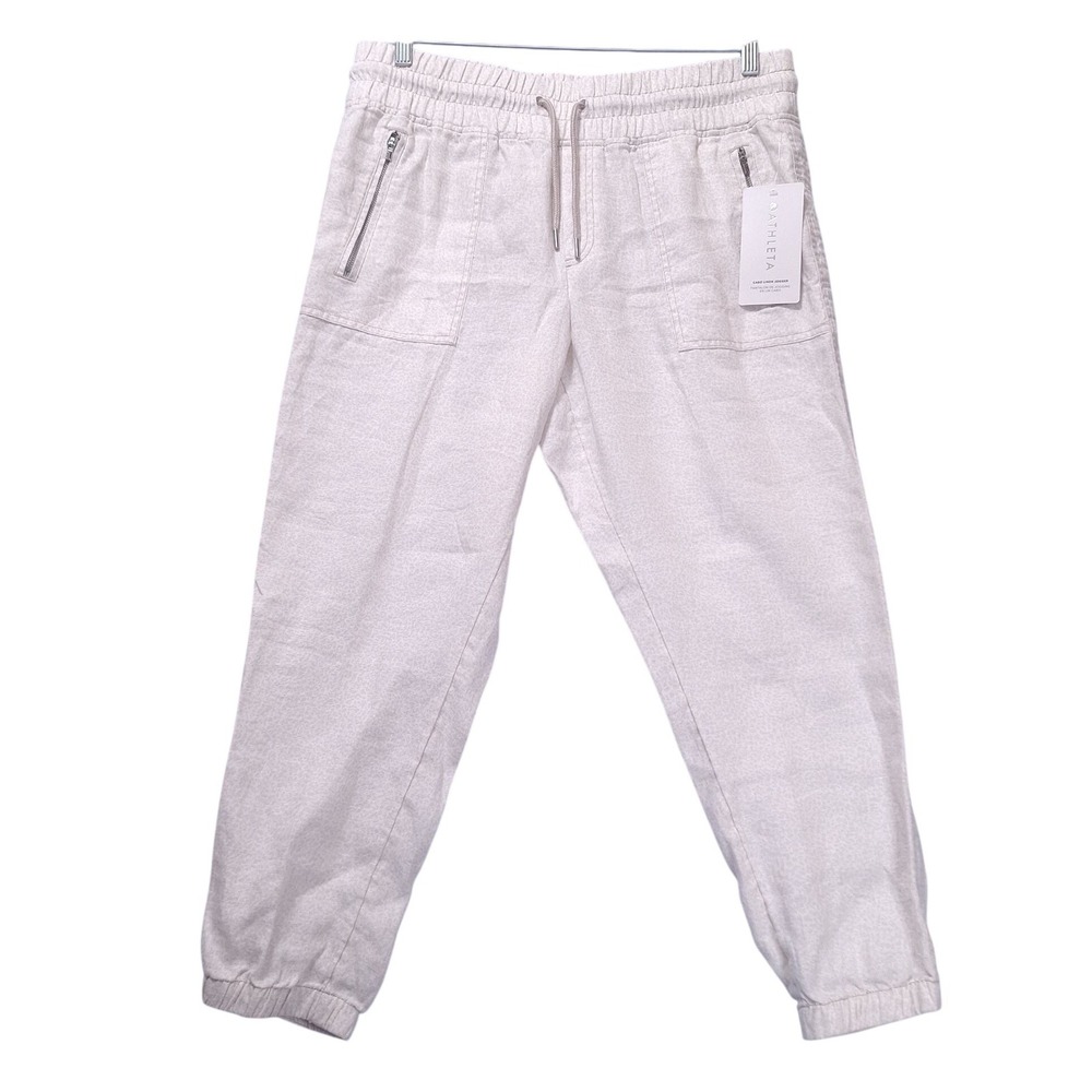 Athleta Cabo 100% Linen Jogger Pants Women 14P White Beige Petite Breathable NWT